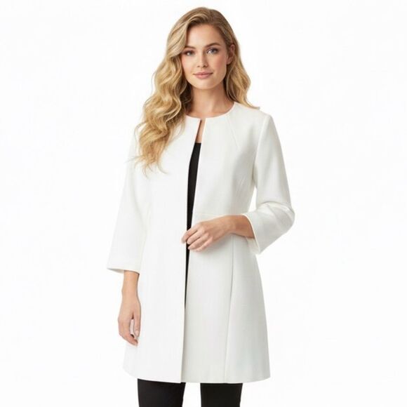 NWT Le Suit Ivory Jacquard Long Collarless Blazer Dress Jacket - Picture 1 of 7